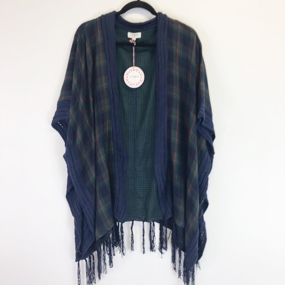 Umgee Plaid Fringe Open Front Kimono Cardigan - Picture 2 of 8